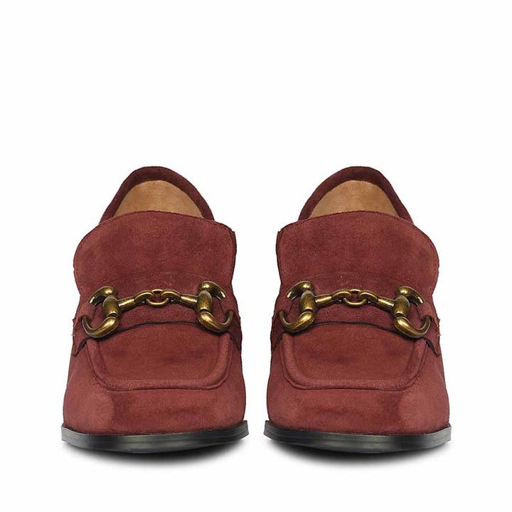 Women's burgundy gold horsebit block heel loafers UK, Saint Vera front pair view