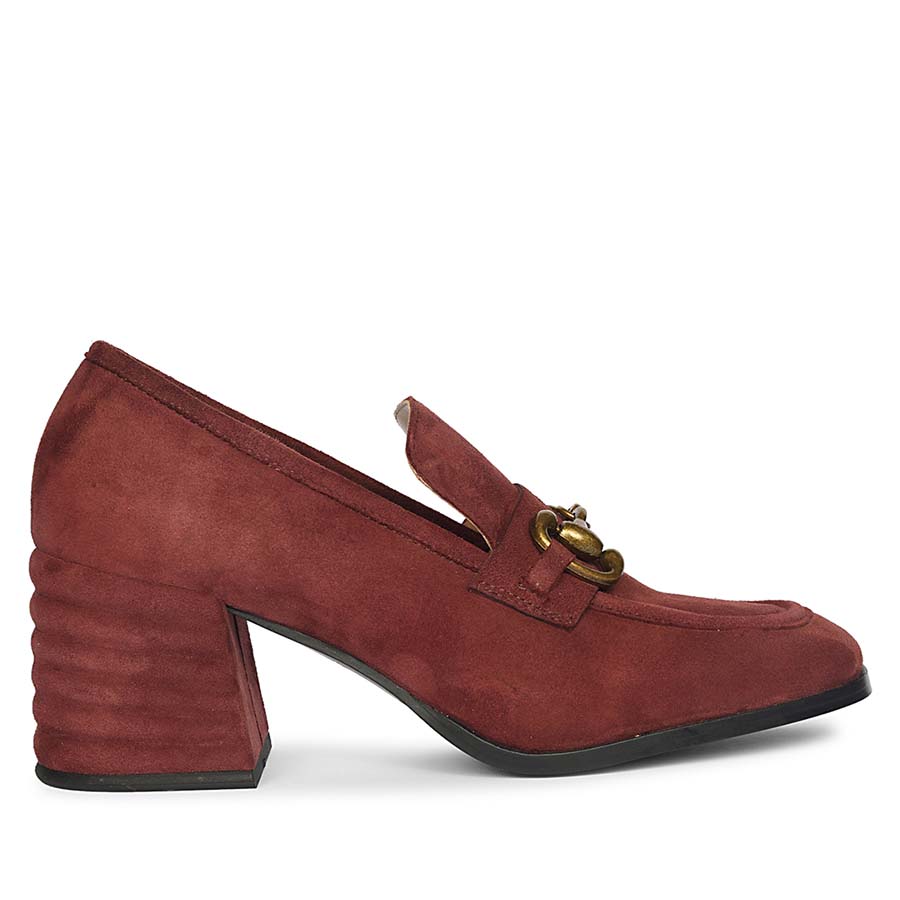 Best burgundy gold horsebit block heel loafers for women UK, Saint Vera side view