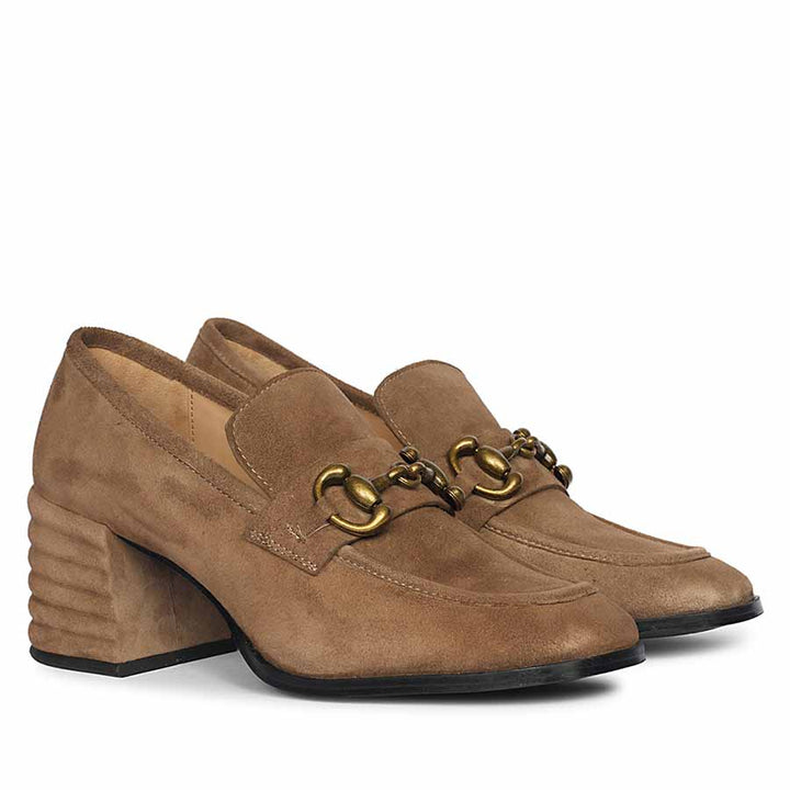 Ladies gold horsebit block heel loafers UK, Saint Vera pair angled view