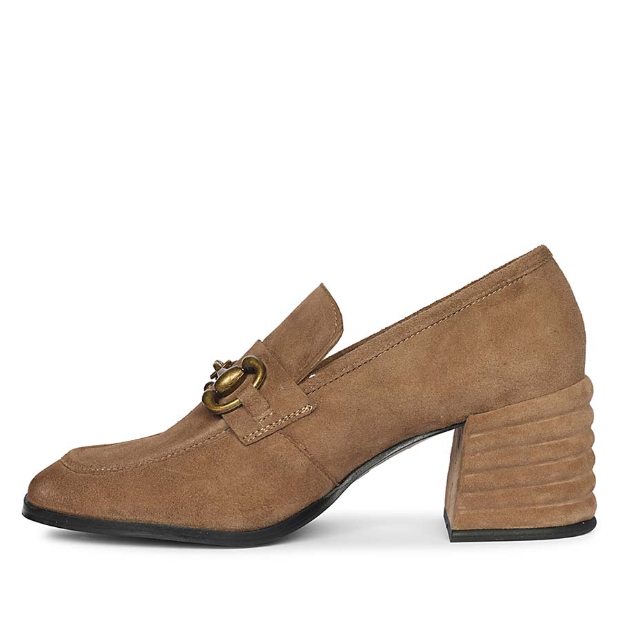 Saint Vera gold horsebit block heel loafers UK, alternate side view