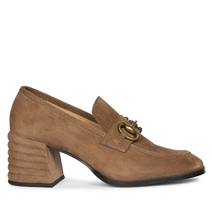 Best dark taupe gold horsebit block heel loafers for women UK, Saint Vera side view