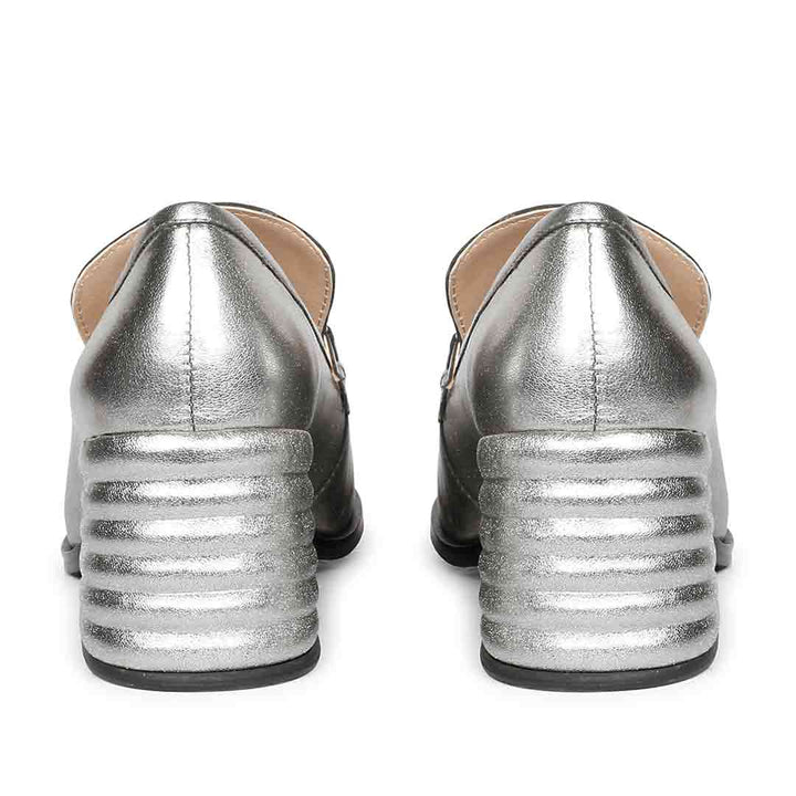 Saint Vera gun metallic loafers UK, back pair view showing ridged heel