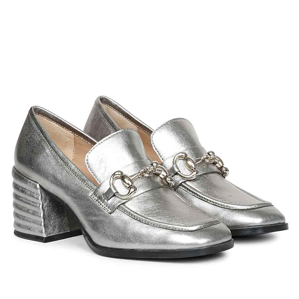 Ladies gunmetal metallic loafers UK, Saint Vera pair angled view