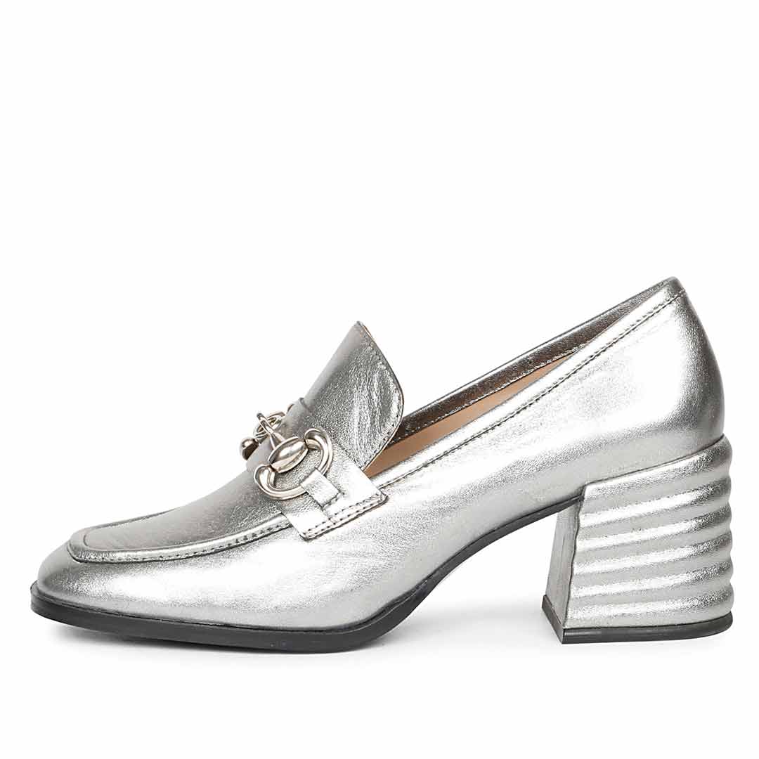 Women's gunmetal silver horsebit loafers UK, alternate side view