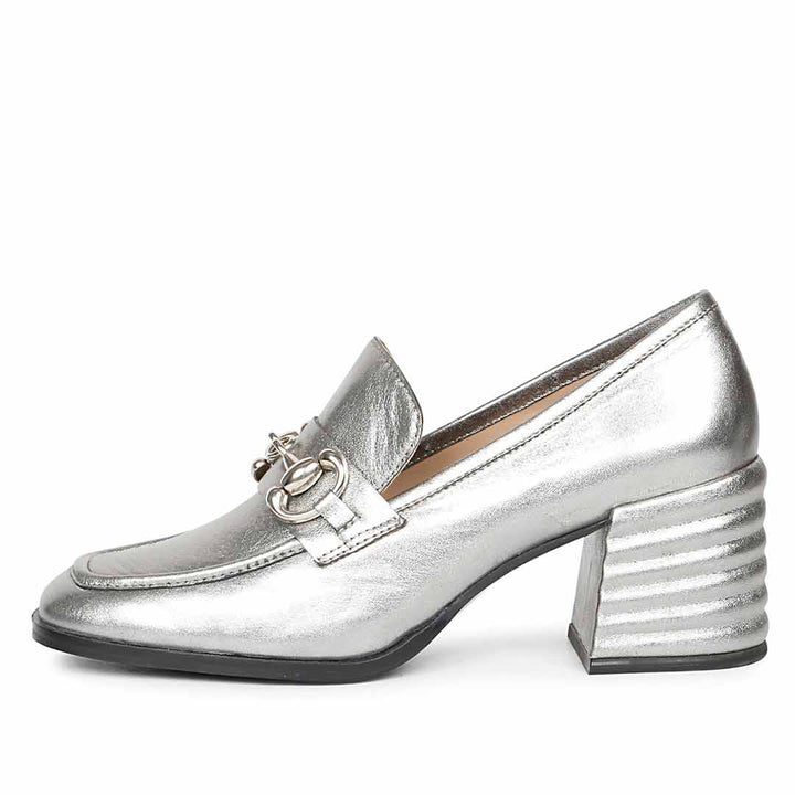 Women's gunmetal silver horsebit loafers UK, alternate side view