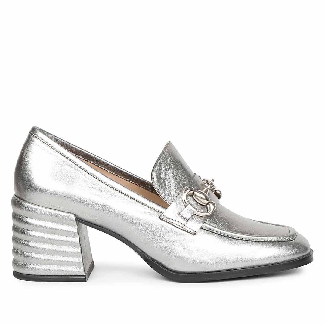 Best gunmetal silver horsebit loafers for women UK, Saint Vera side view