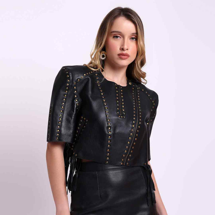 Close-up of metal stud rows on Saint Vera fringed leather short jacket UK