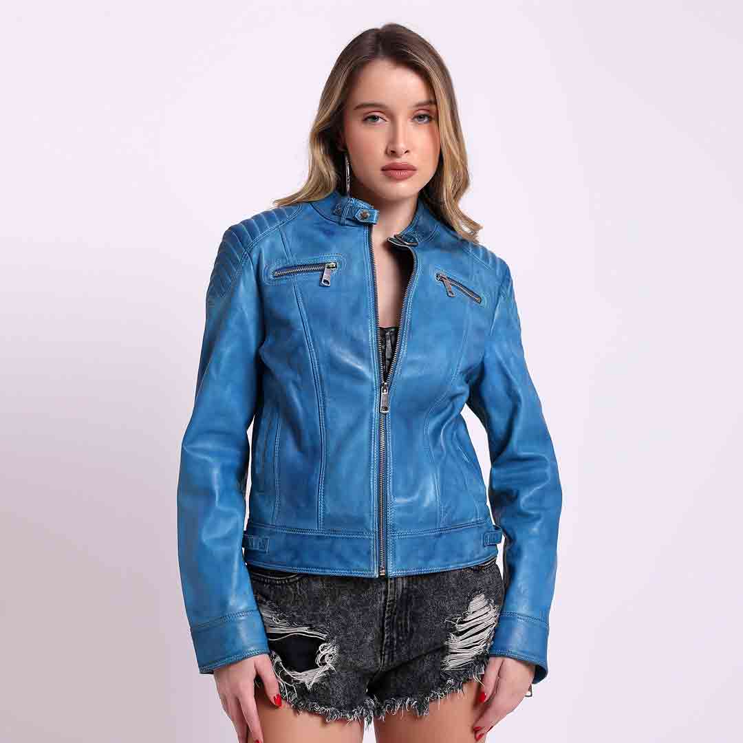 Saint Veronique blue leather cafe racer jacket for women UK, front view with snap collar