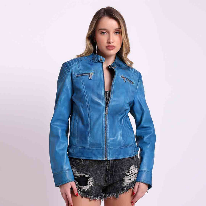 Saint Veronique blue leather cafe racer jacket for women UK, front view with snap collar