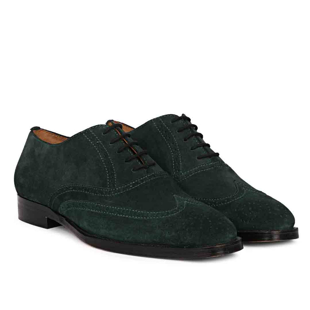 Men's Green Suede Brogue Shoes, Pair View - Best Handcrafted UK