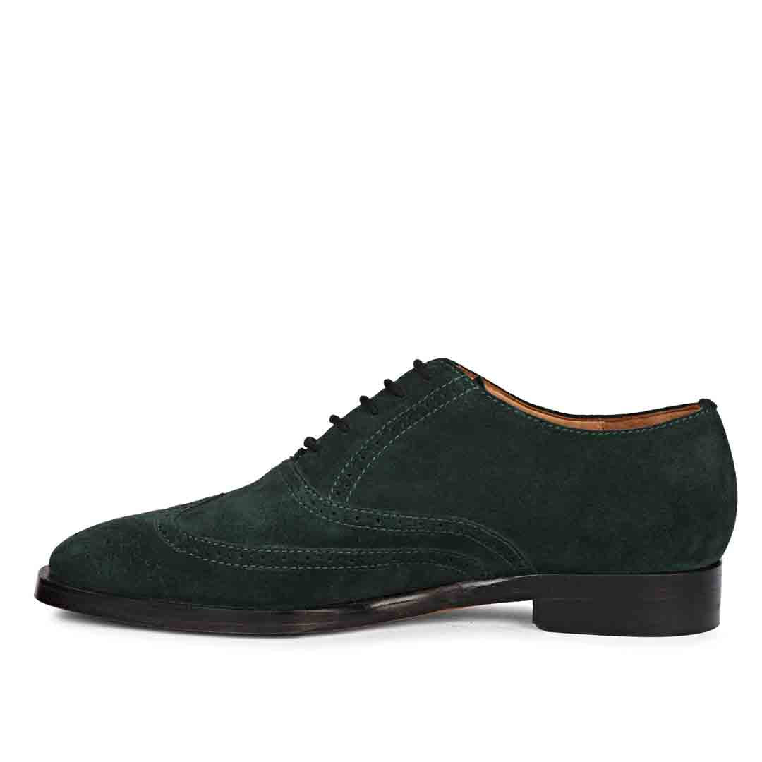 Best Men's Green Suede Lace-Up Brogue Shoes, Angled Side View - Handcrafted UK