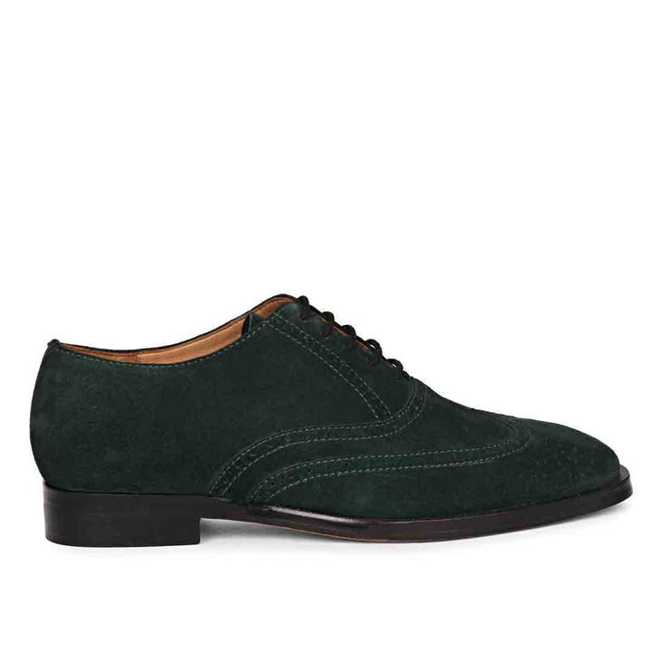 Best Men's Green Suede Brogue Shoes - Side View, Handcrafted Lace-Up UK