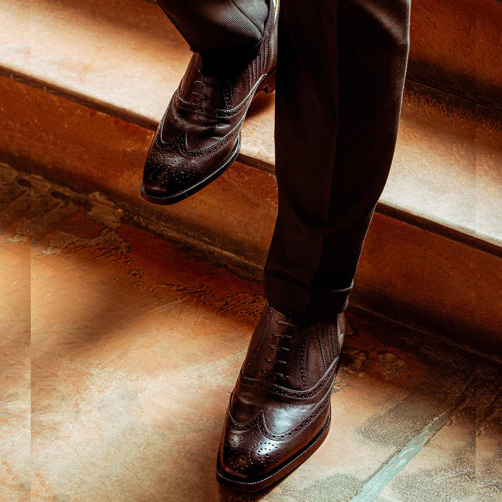 Men's Grey Leather Brogue Shoes Styled On-Foot - Best Handcrafted UK