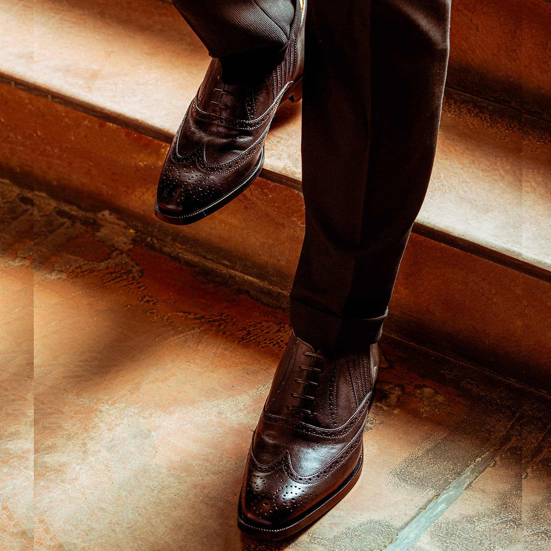 Men's Grey Leather Brogue Shoes Styled On-Foot - Best Handcrafted UK