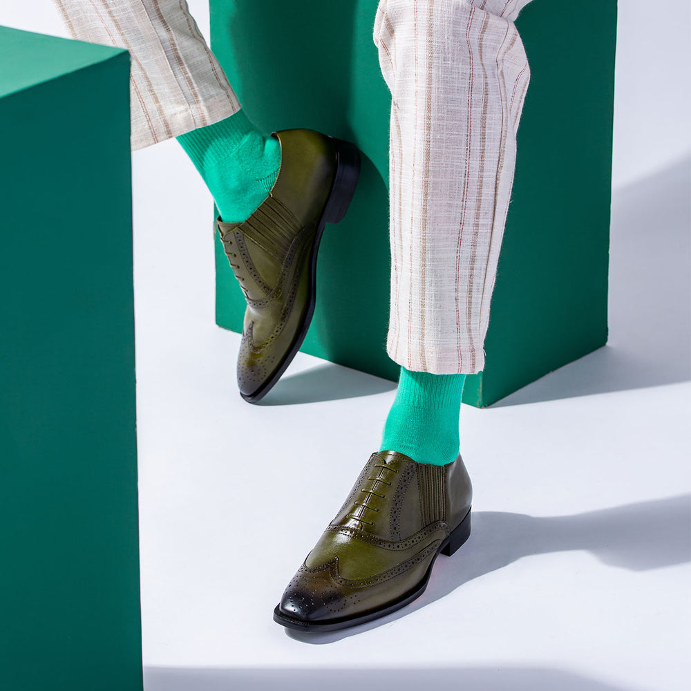Men's Olive Leather Brogue Shoes Styled On-Foot - Best Handcrafted UK