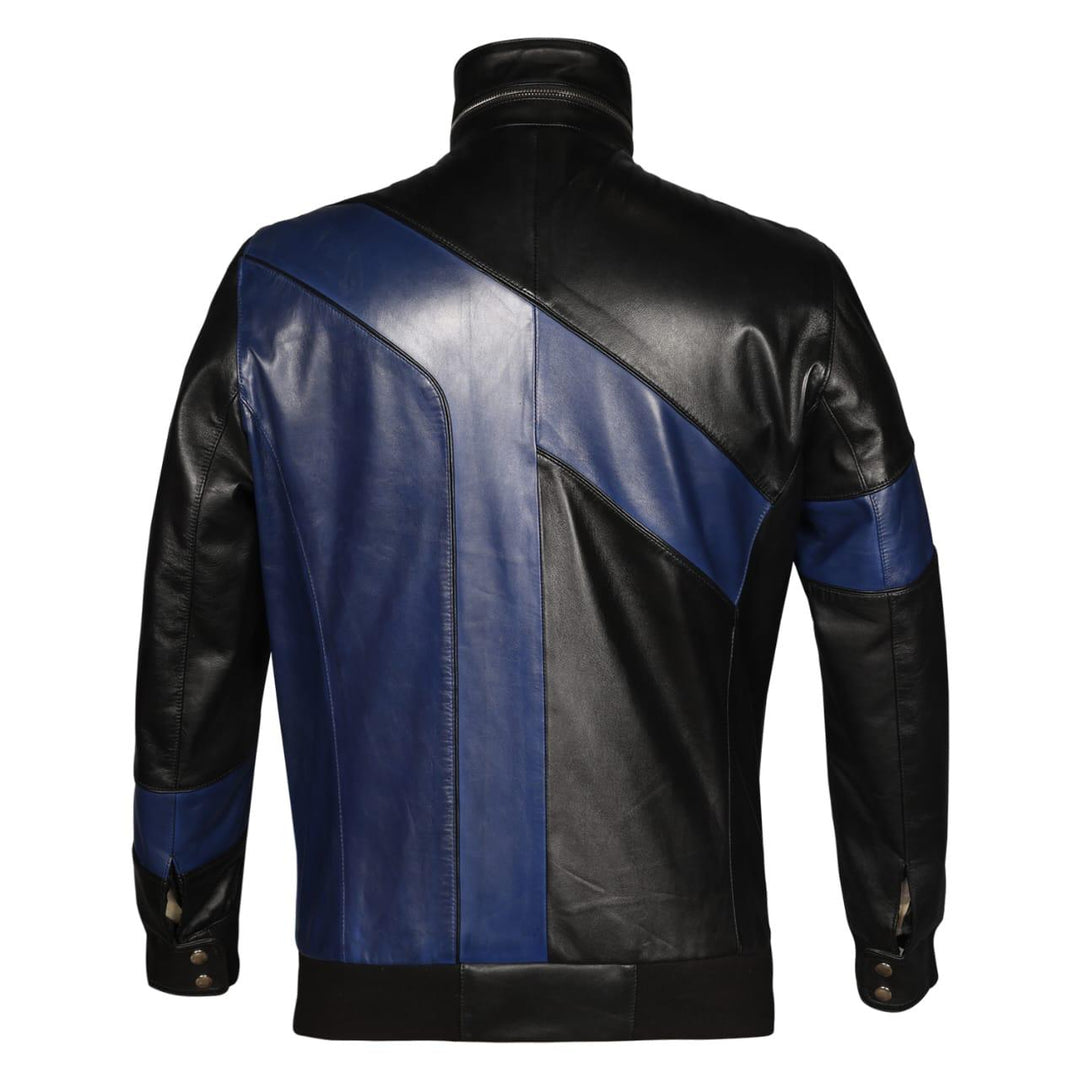 Back view of a black and navy colour-blocked leather jacket.