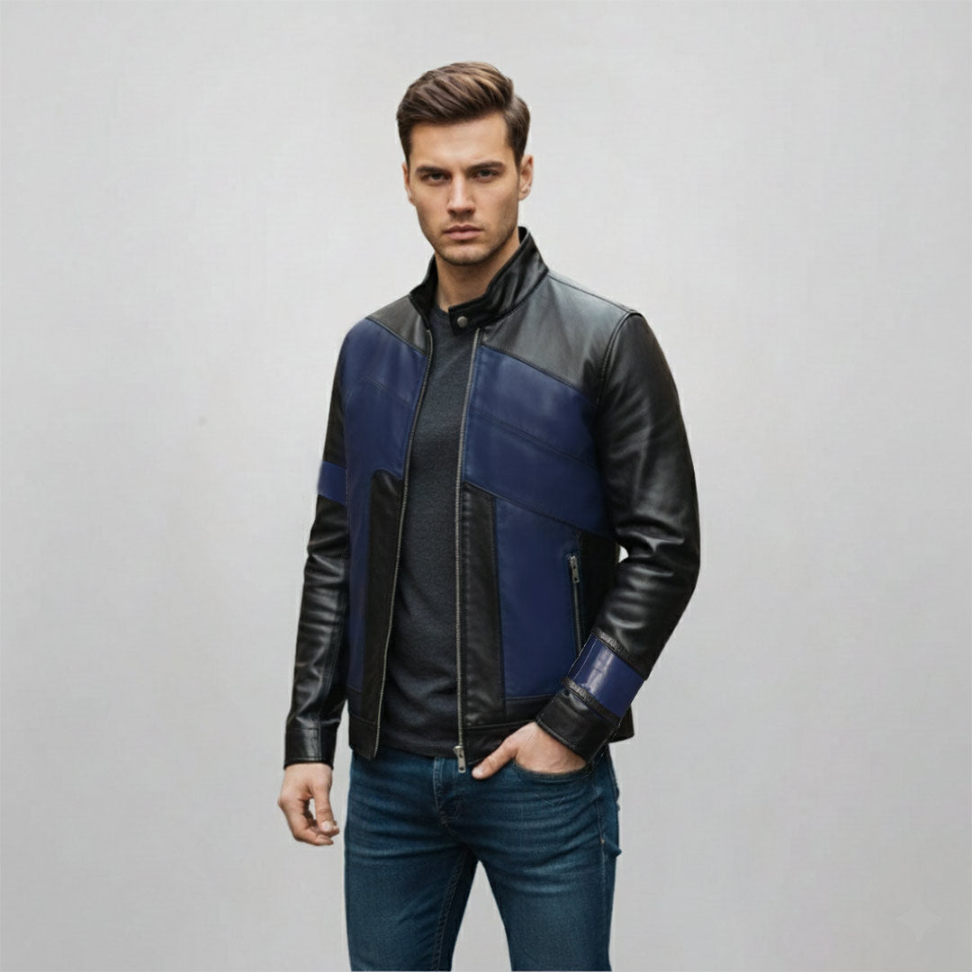 Man wearing a black and navy colour-blocked leather jacket, front view.