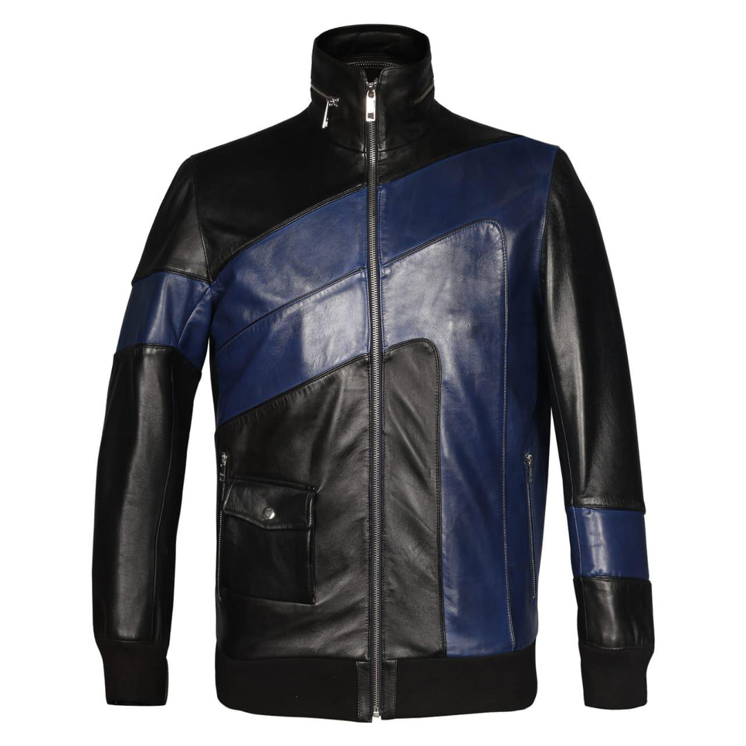 Black and navy colour-blocked leather jacket, shown on a plain background.