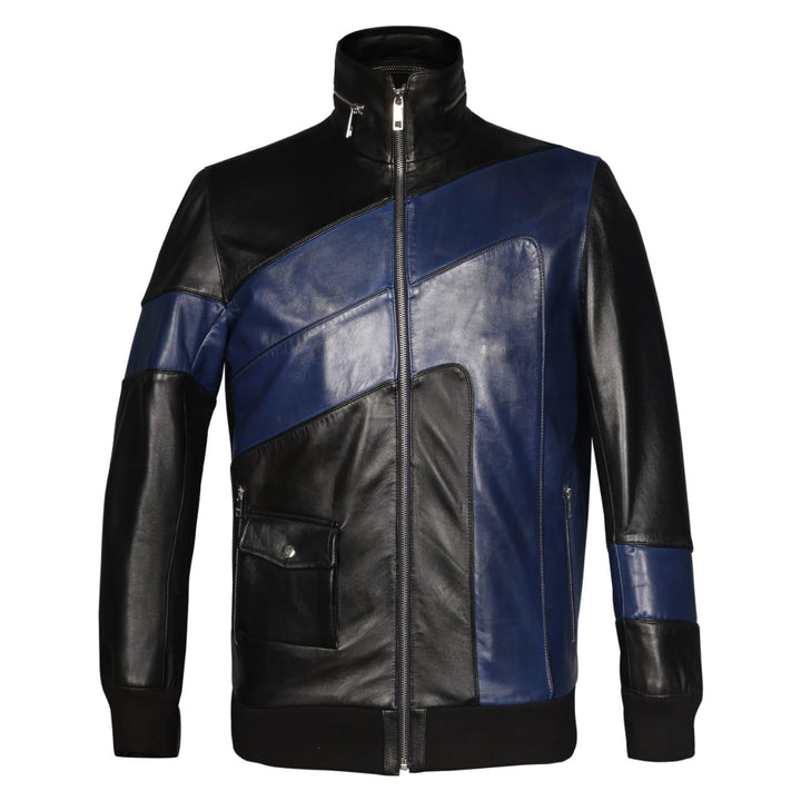 Black and navy colour-blocked leather jacket, shown on a plain background.