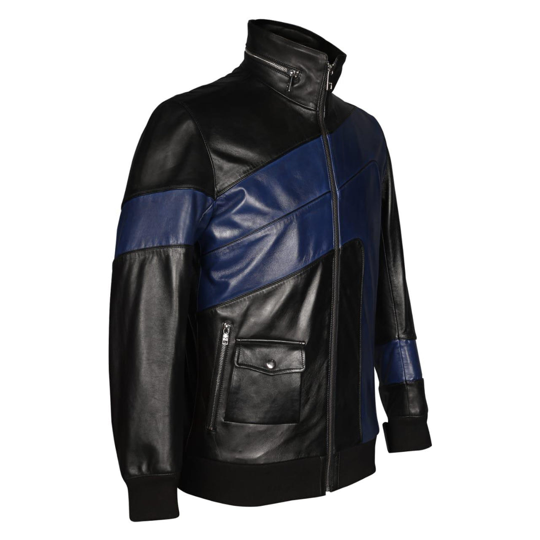 Side view of a black and navy colour-blocked leather jacket.