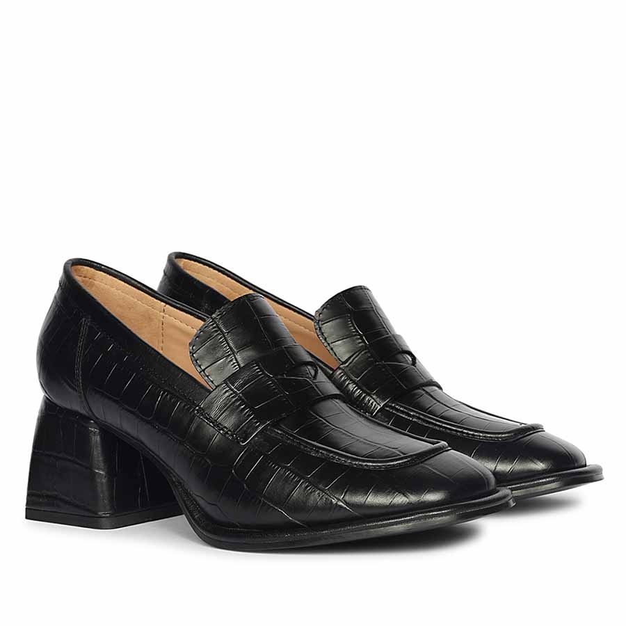 Ladies Saint Viviana croc-embossed black leather block-heel Moccasins, angled pair view — best Women's shoes UK