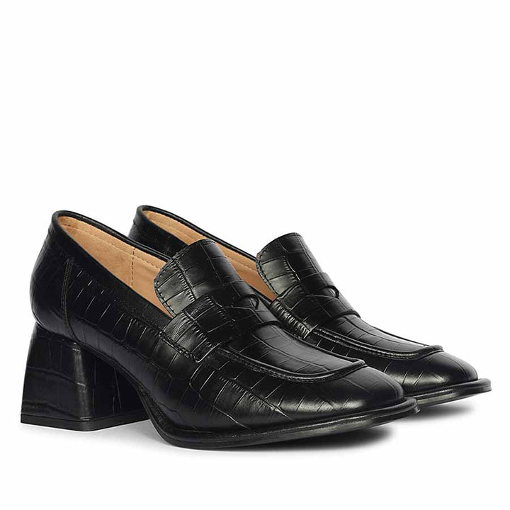 Ladies Saint Viviana croc-embossed black leather block-heel Moccasins, angled pair view — best Women's shoes UK