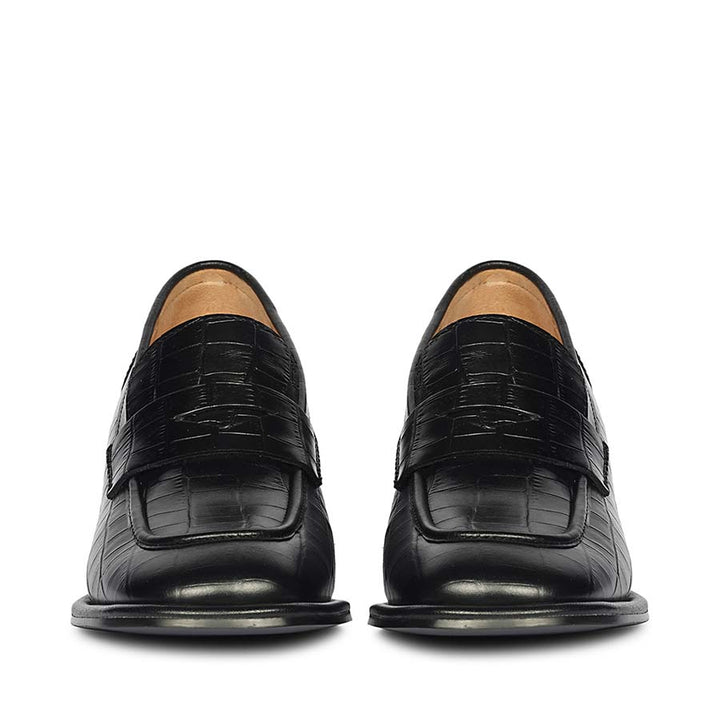 Women's Saint Viviana croc-embossed black leather block-heel Moccasins, front pair view — best Ladies shoes UK