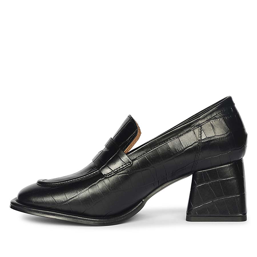 Best Ladies Saint Viviana croc-embossed black leather block-heel Moccasins, alternate side view — Women's shoes UK