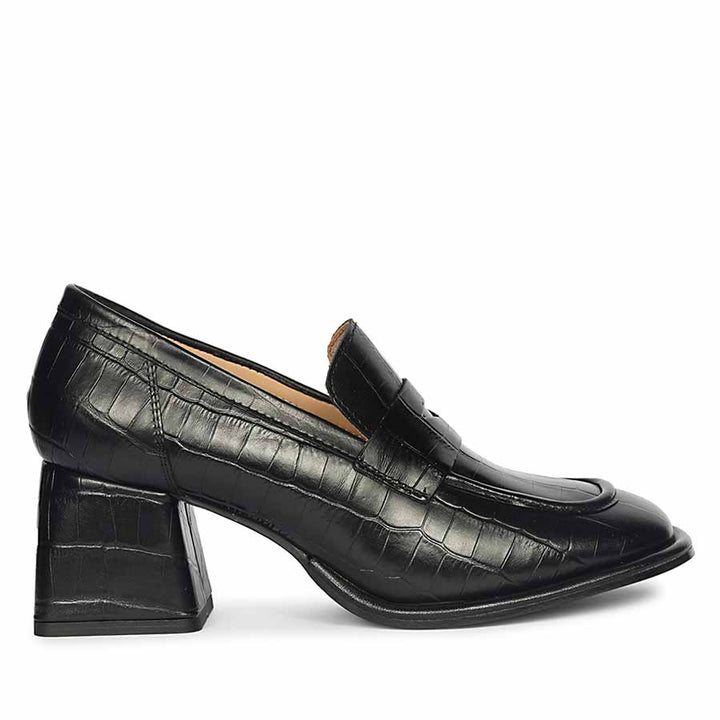Best Saint Viviana croc-embossed black leather block-heel Moccasins, side profile view — Women's shoes UK