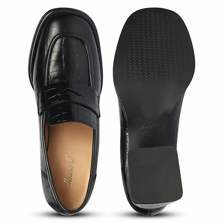 Ladies Women's Saint Viviana croc-embossed black leather block-heel Moccasins, sole and top view — best shoes UK