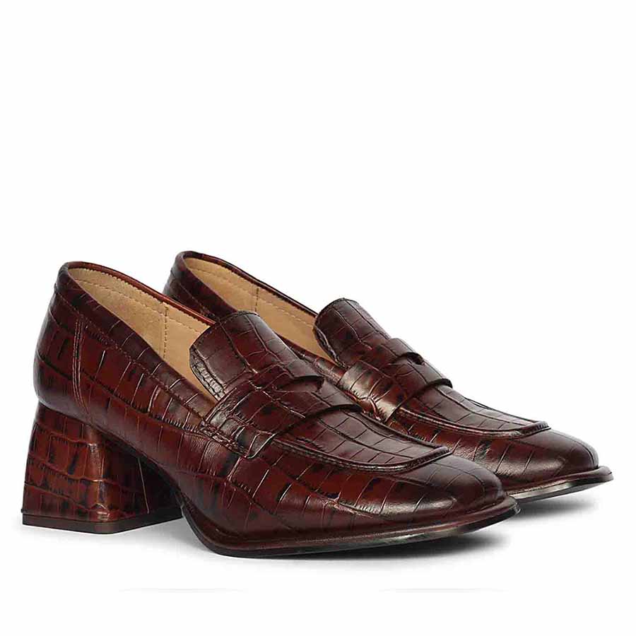 Ladies Saint Viviana croc-embossed chocolate leather block-heel Moccasins, angled pair view — best Women's shoes UK