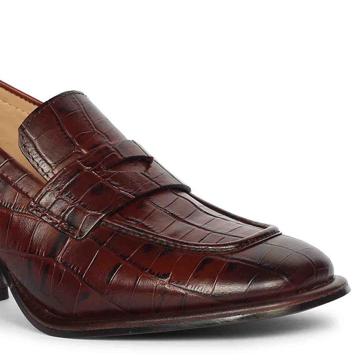 Ladies Women's Saint Viviana croc-embossed chocolate leather block-heel Moccasins, close-up croc-texture detail — best shoes UK