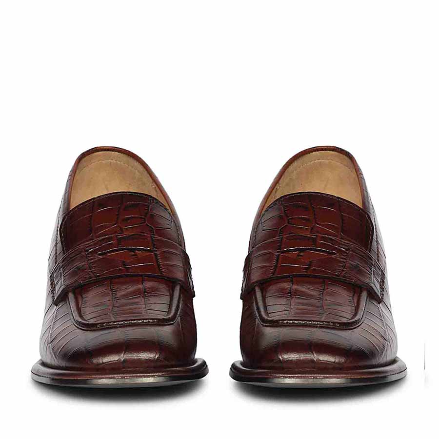 Women's Saint Viviana croc-embossed chocolate leather block-heel Moccasins, front pair view — best Ladies shoes UK