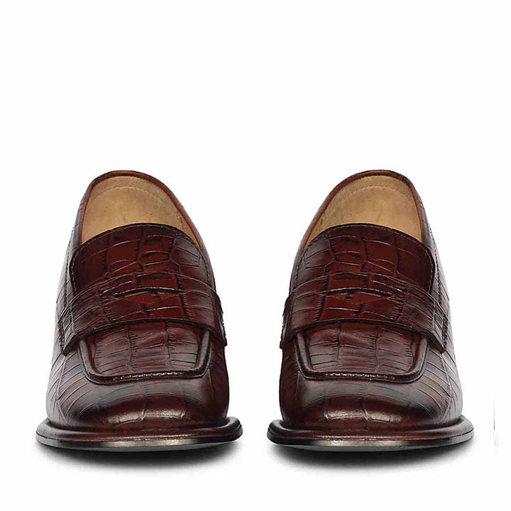 Women's Saint Viviana croc-embossed chocolate leather block-heel Moccasins, front pair view — best Ladies shoes UK