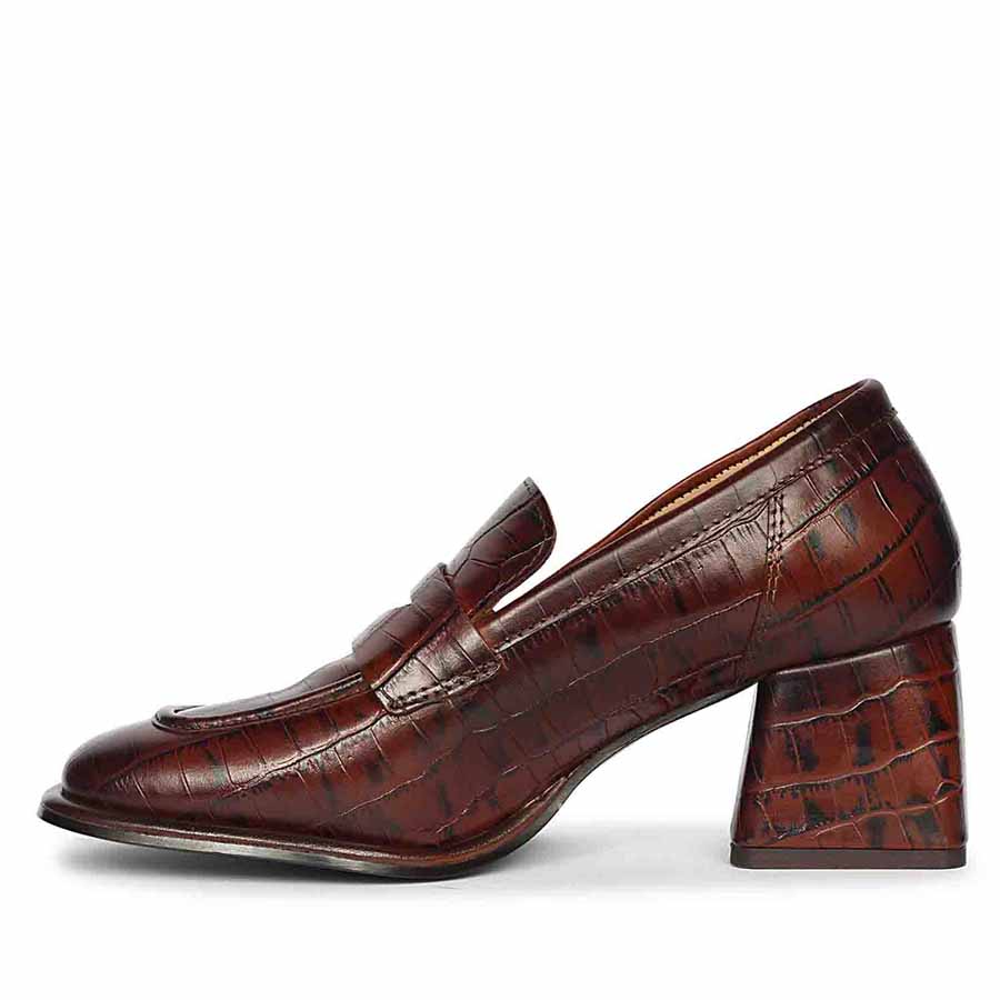 Saint Viviana croc-embossed chocolate leather block-heel Moccasins, alternate side view — best Women's Ladies shoes UK