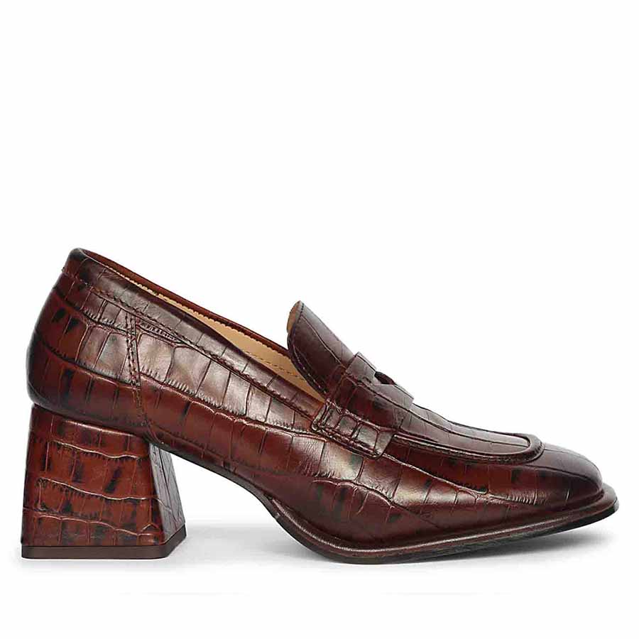 Best Saint Viviana croc-embossed chocolate leather block-heel Moccasins, side profile view — Women's shoes UK