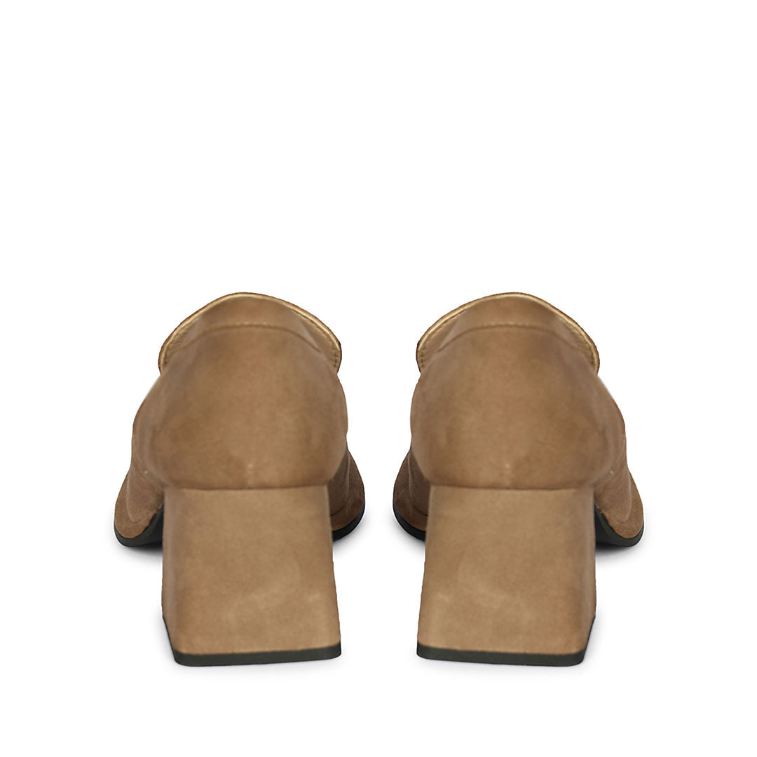 Saint Viviana taupe suede block heel loafers UK, back pair view