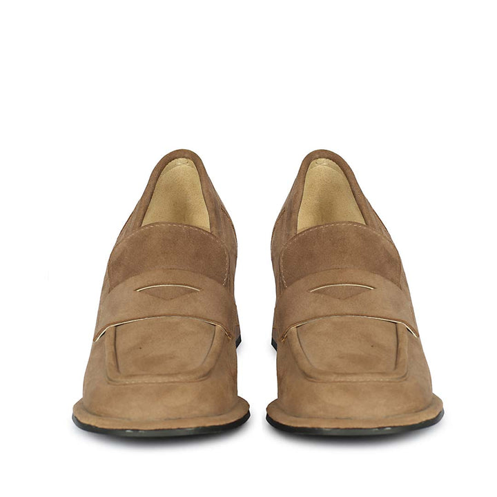 Best taupe suede heeled loafers for women UK, Saint Viviana front pair view