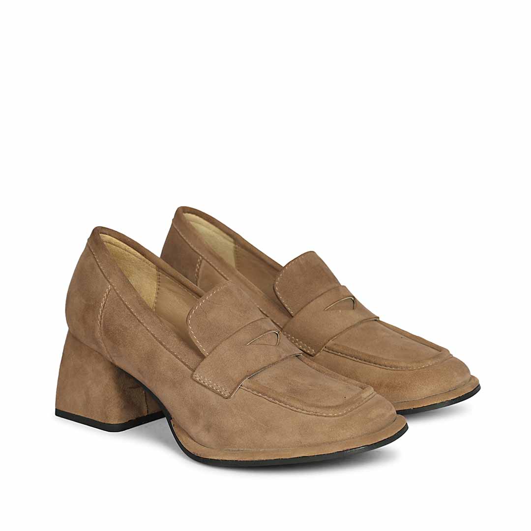 Ladies taupe suede block heel loafers UK, Saint Viviana pair angled view