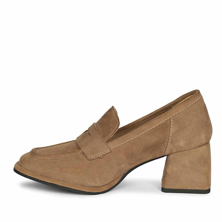 Women's taupe suede block heel loafers UK, alternate side view
