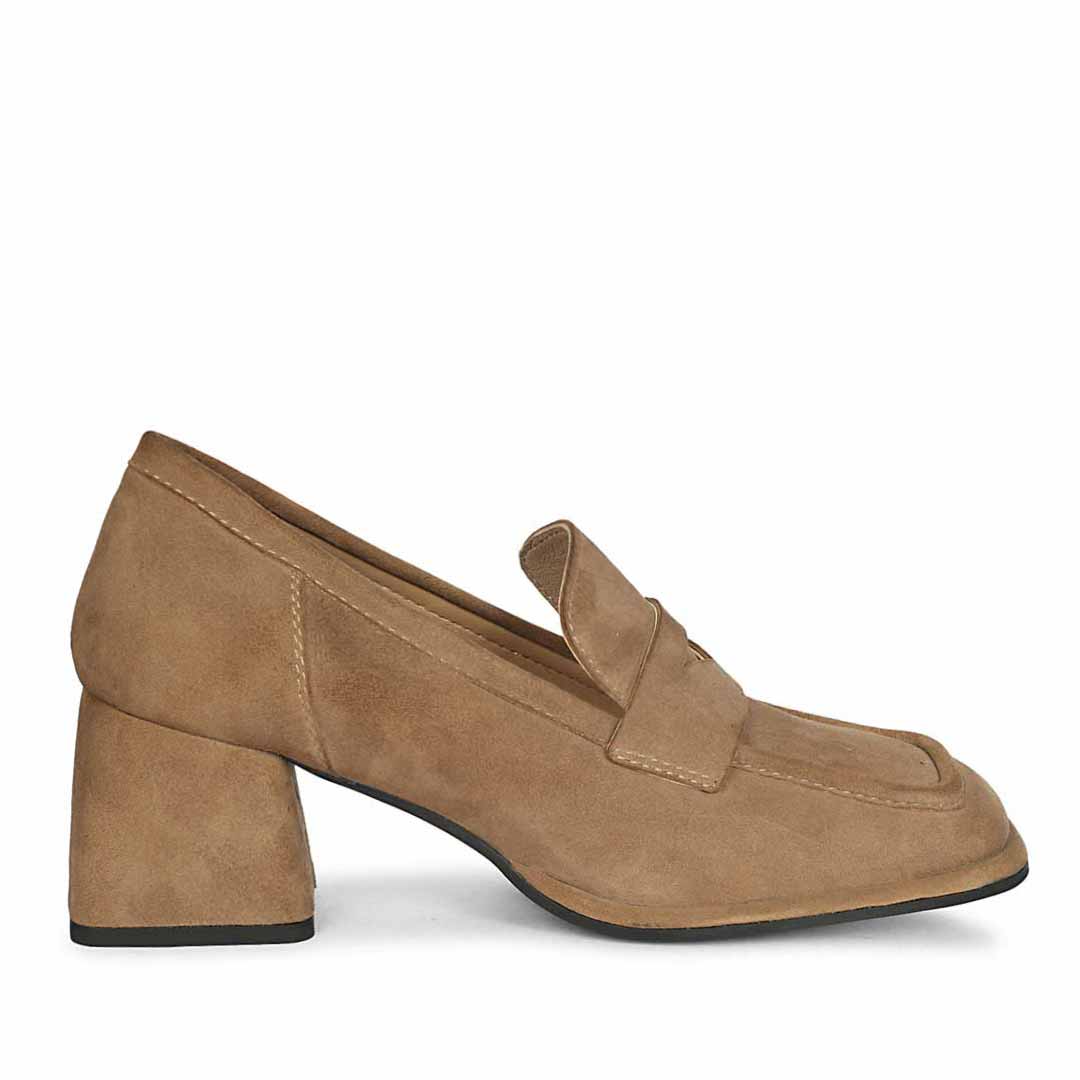 Best dark taupe suede block heel loafers for women UK, Saint Viviana side view