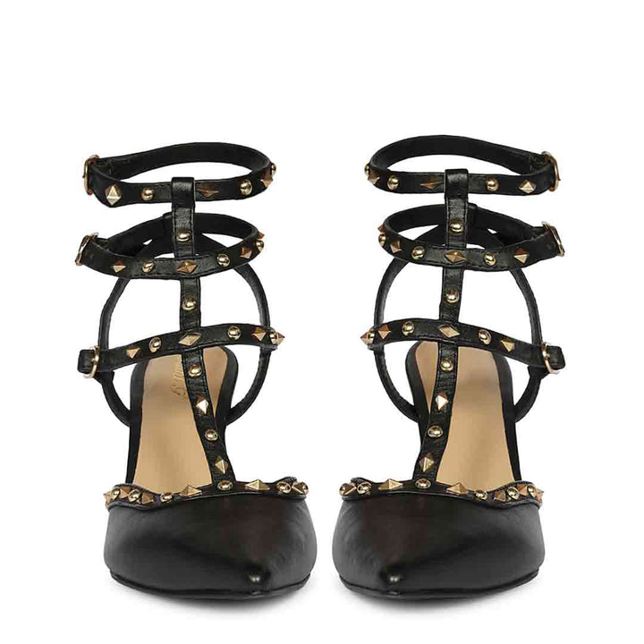 Saint Vorela studded multi-strap black leather stiletto heels with gold stud detailing, front view