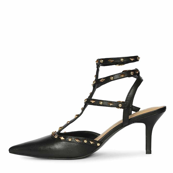 Saint Vorela studded multi-strap black leather stiletto heels with gold stud detailing, left view