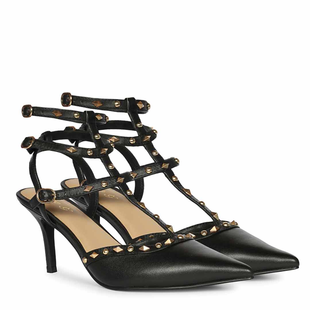 Saint Vorela studded multi-strap black leather stiletto heels with gold stud detailing, right pair view