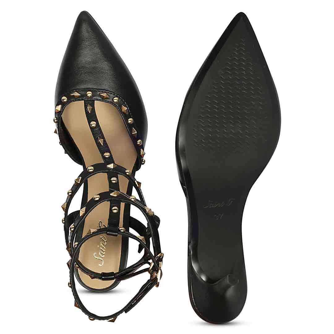 Saint Vorela studded multi-strap black leather stiletto heels with gold stud detailing, sole view