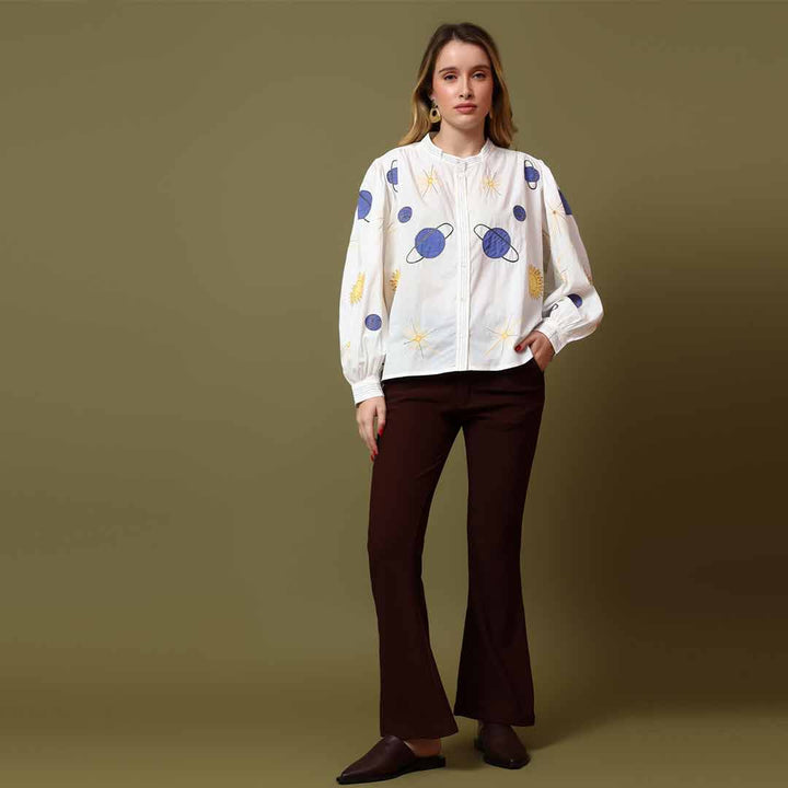 Women's white celestial applique cotton shirt by Saint, full front view.