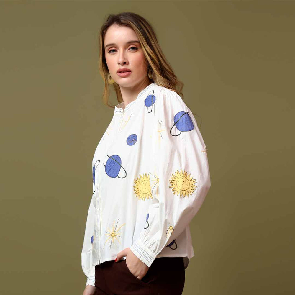 Women's white celestial applique cotton shirt by Saint, three-quarter front view.