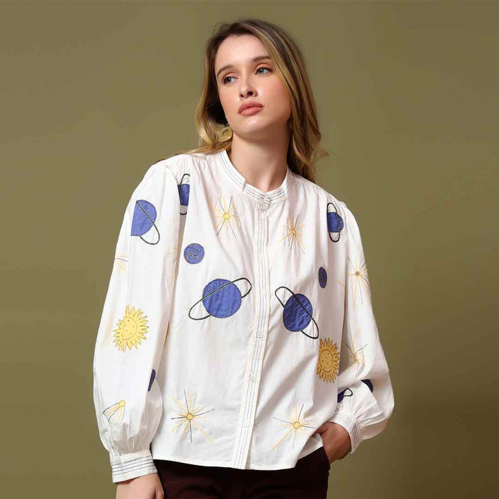Saint white celestial applique cotton shirt for women UK, front view.