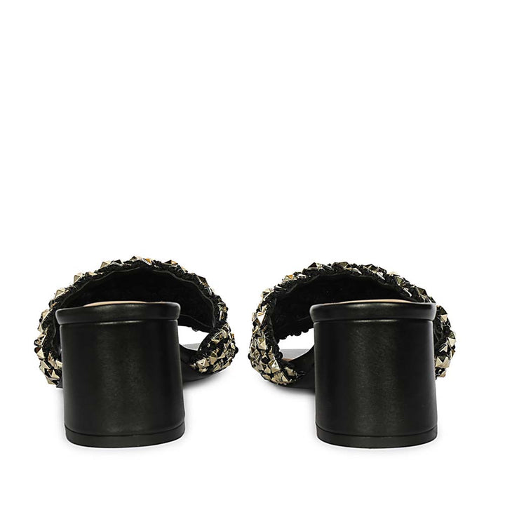 Black low block heels stud embellished sandals – back view