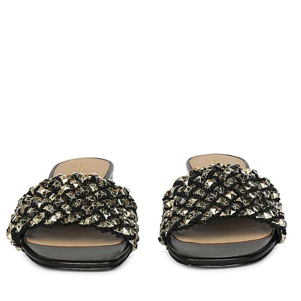 Low block heel mules black leather gold stud – front view